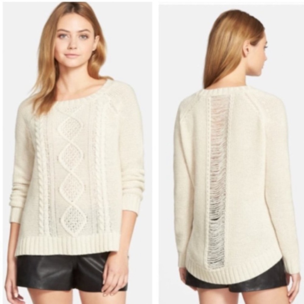 Cupcakes & Cashmere Wool Blend Ivory Distressed Cable Knit Sweater in Size Small